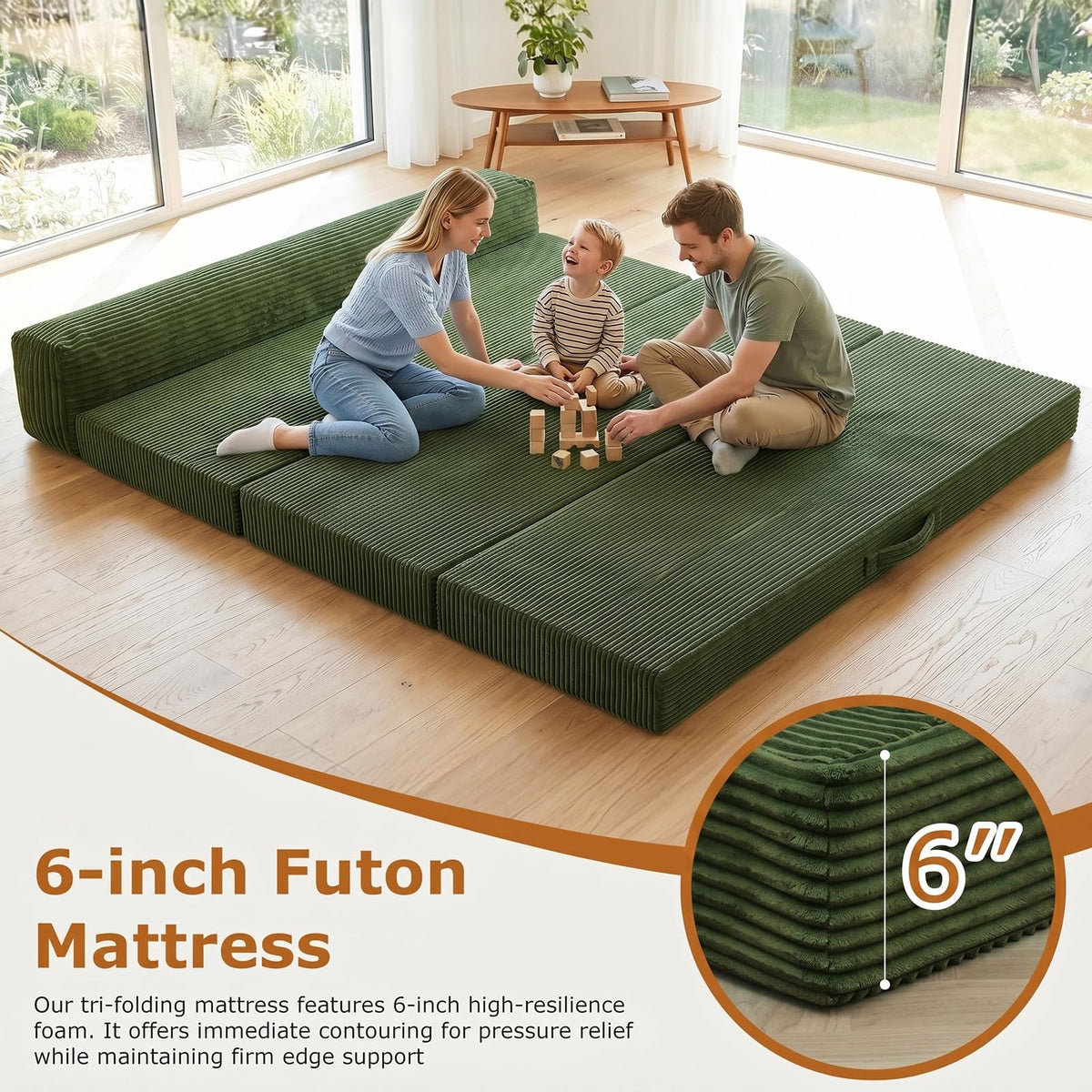 JUIKURY 6 Inch Tri-Fold Memory Foam Mattress Queen Size, 5 in 1 Convertible Sofa Bed, Foldable Floor Futon Sleeper Couch with Washable Cover & High-Density Foam, Portable Guest Bed for Living Room