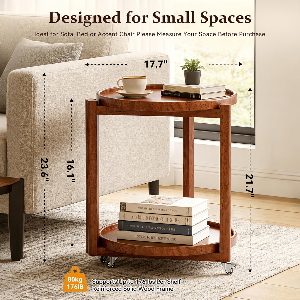 Taitiy Rolling Side Table with Wheels, Small Solid Wood Round End Table