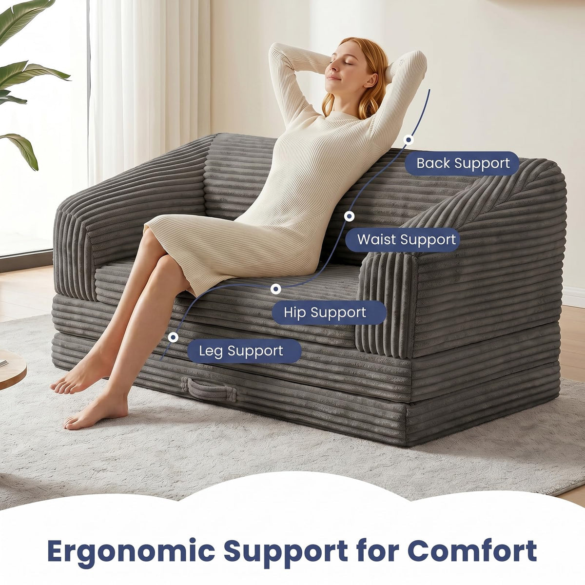 Convertible Folding Sofa Bed, 2-in-1 Single Boneless Sofa with Soft Corduroy & Ultra-Thick Backrest, Foldable Boneless Chair Lounger Sleeper Sofa for Small Apartment, Living Room, Home Office