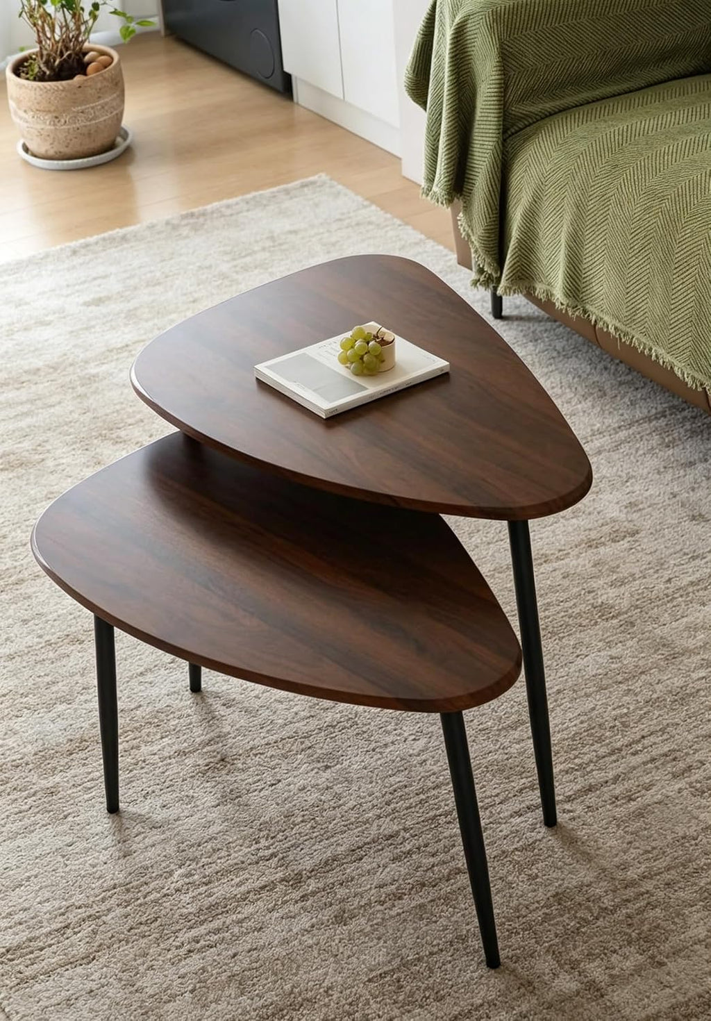 Nesting Coffee Table Set of 2 Coffee Tables Nesting Tables for Living Room Wooden Small Table Triangle Walnut Mid-Century Modern