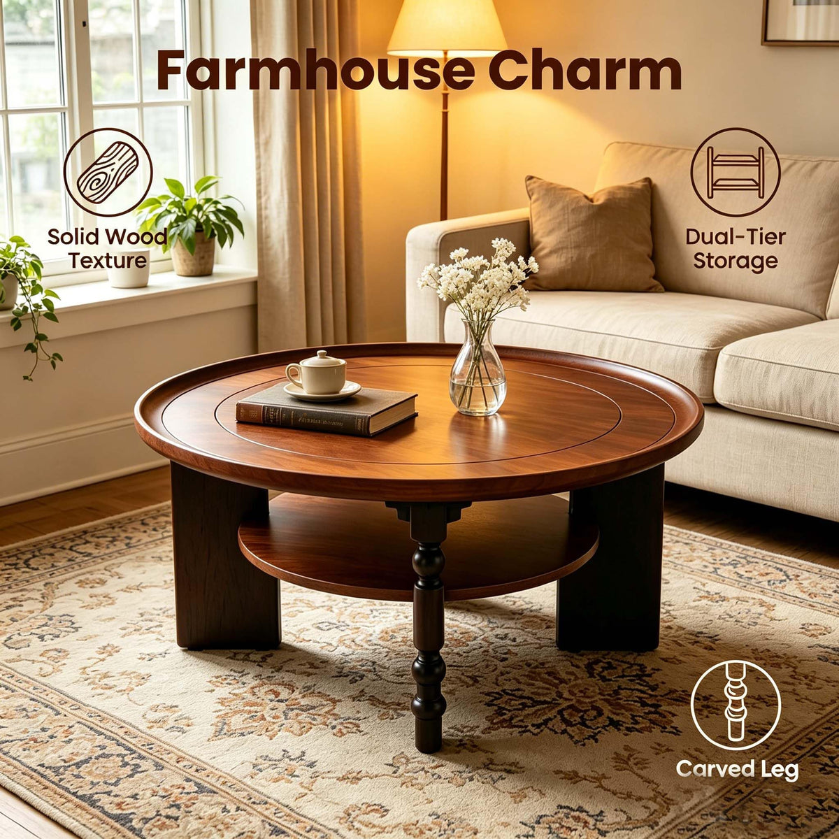 31.5" Round Wood Coffee Table, Mid-Century Modern, Walnut