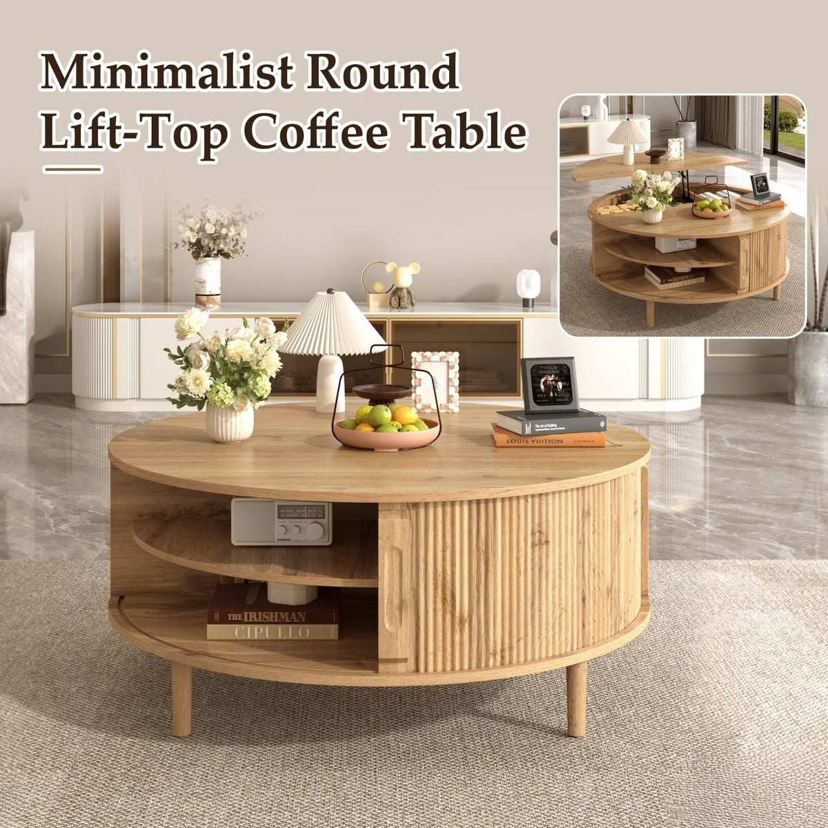 Round Lift Top Coffee Table, 39.4 Inch Minimalist Fluted Walnut Wood Cocktail Table with Hidden Divided Storage & Dual-Tier Open Side Shelves, Dark Walnut Finish Circular Living Room Center Table
