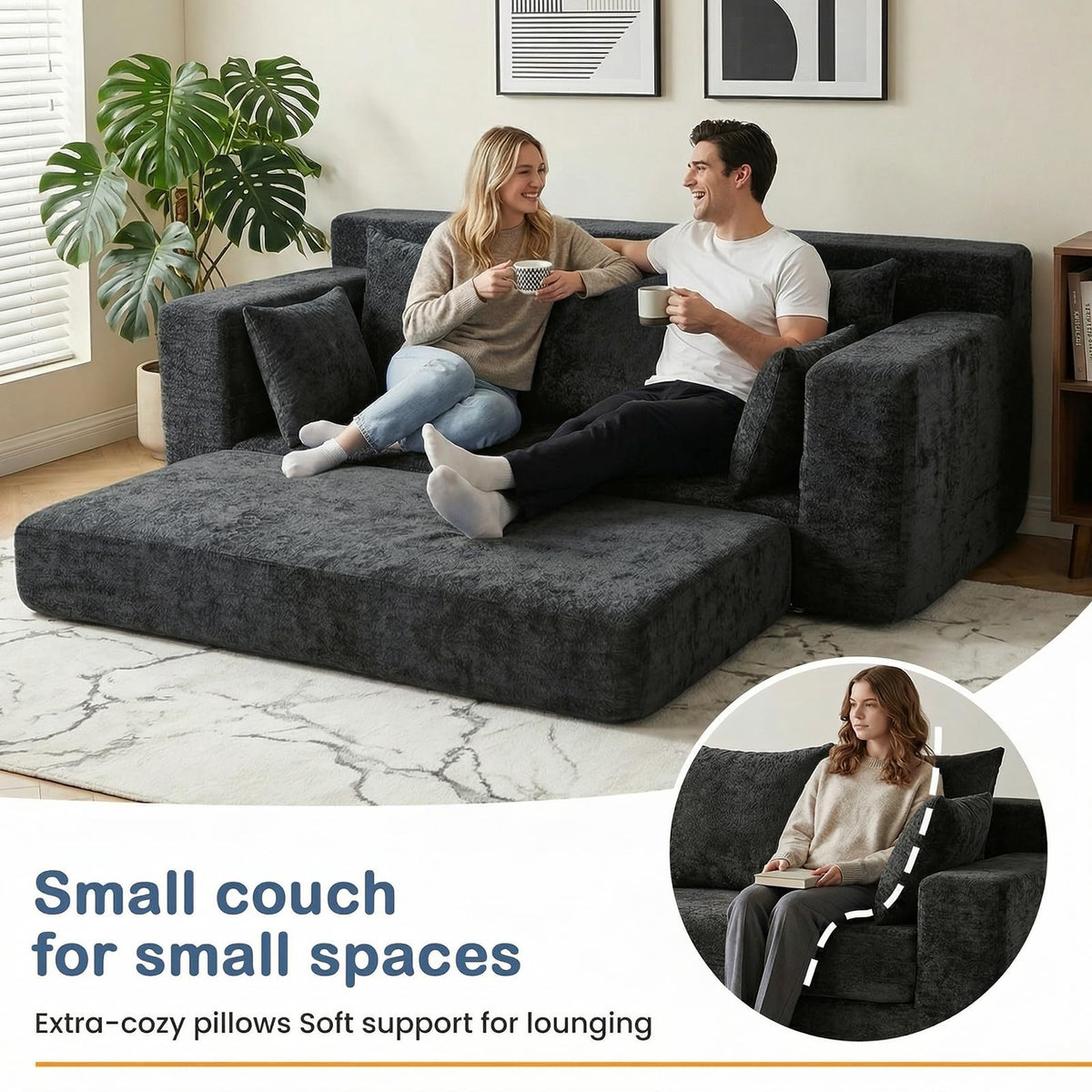 55" Small Boneless Couch, 3-in-1 Boneless Loveseat Sleeper Sofa Bed Convertible Sofa Bed with 4 Pillows, Black Corduroy Boneless Couch for Living Room, Guest Room, Small Space, No Assembly Required