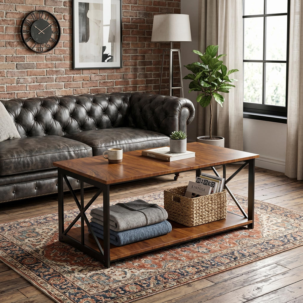 Manora Industrial Rectangular Coffee Table with Storage Shelf, Rustic Brown