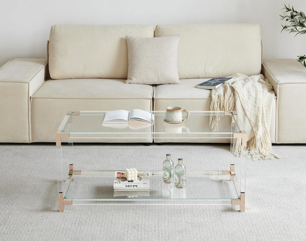 Saint Mossi Gold Round Coffee Table with Clear Glass Top and Glass Shelf