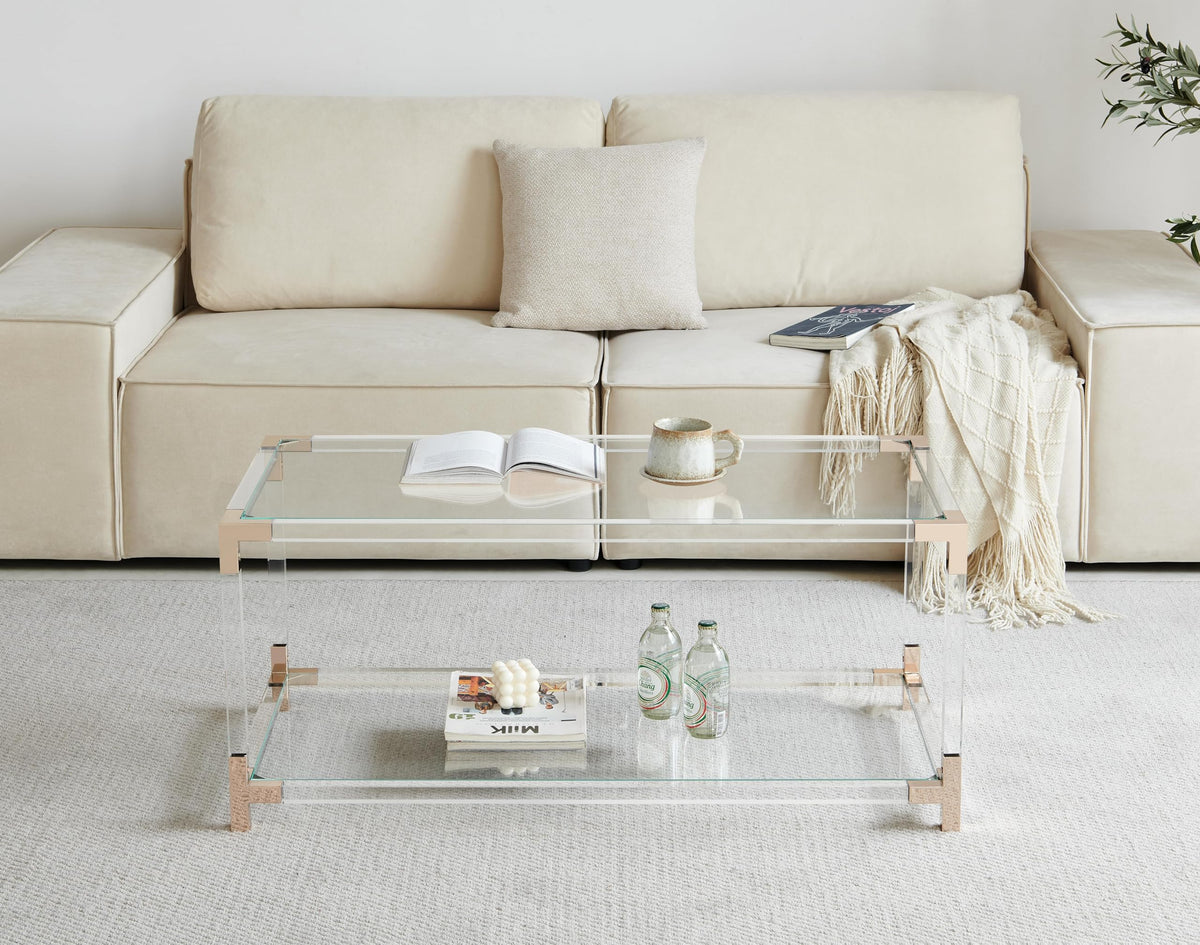 Saint Mossi Gold Round Coffee Table with Clear Glass Top and Glass Shelf