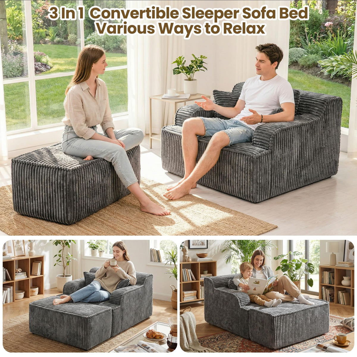 Chaise Lounge Chair Indoor,Boneless Chair with Ottoman,Comfy Reading Chair for Adults,Small Sofa Bed Couch for Living Room,Single Sleeper Chair Bed,Beige