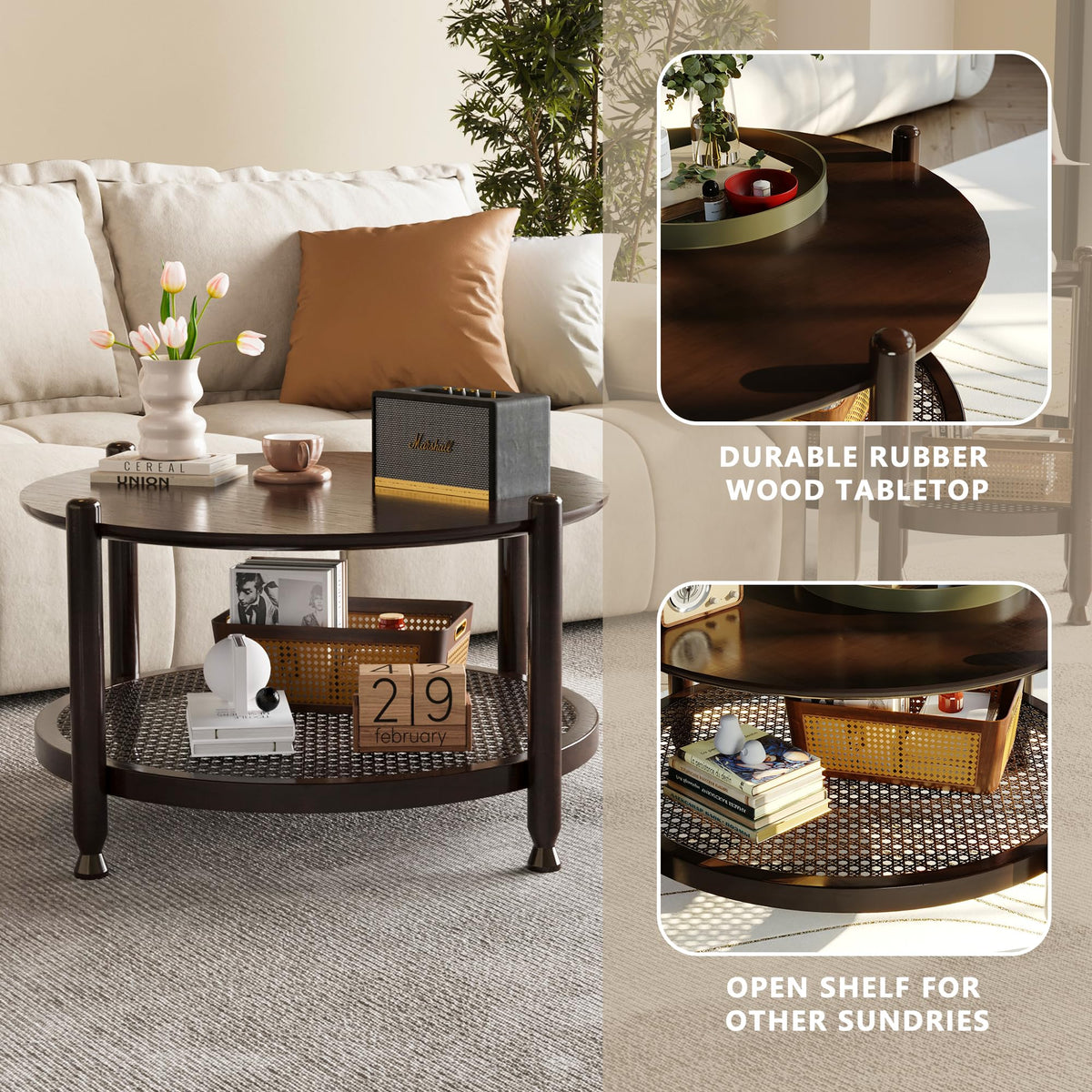 NSdirect Round Coffee Table,36" Coffee Table for Living Room,2-Tier Rustic Wood Desktop with Storage Shelf Modern Design Home Furniture(Light Walnut)