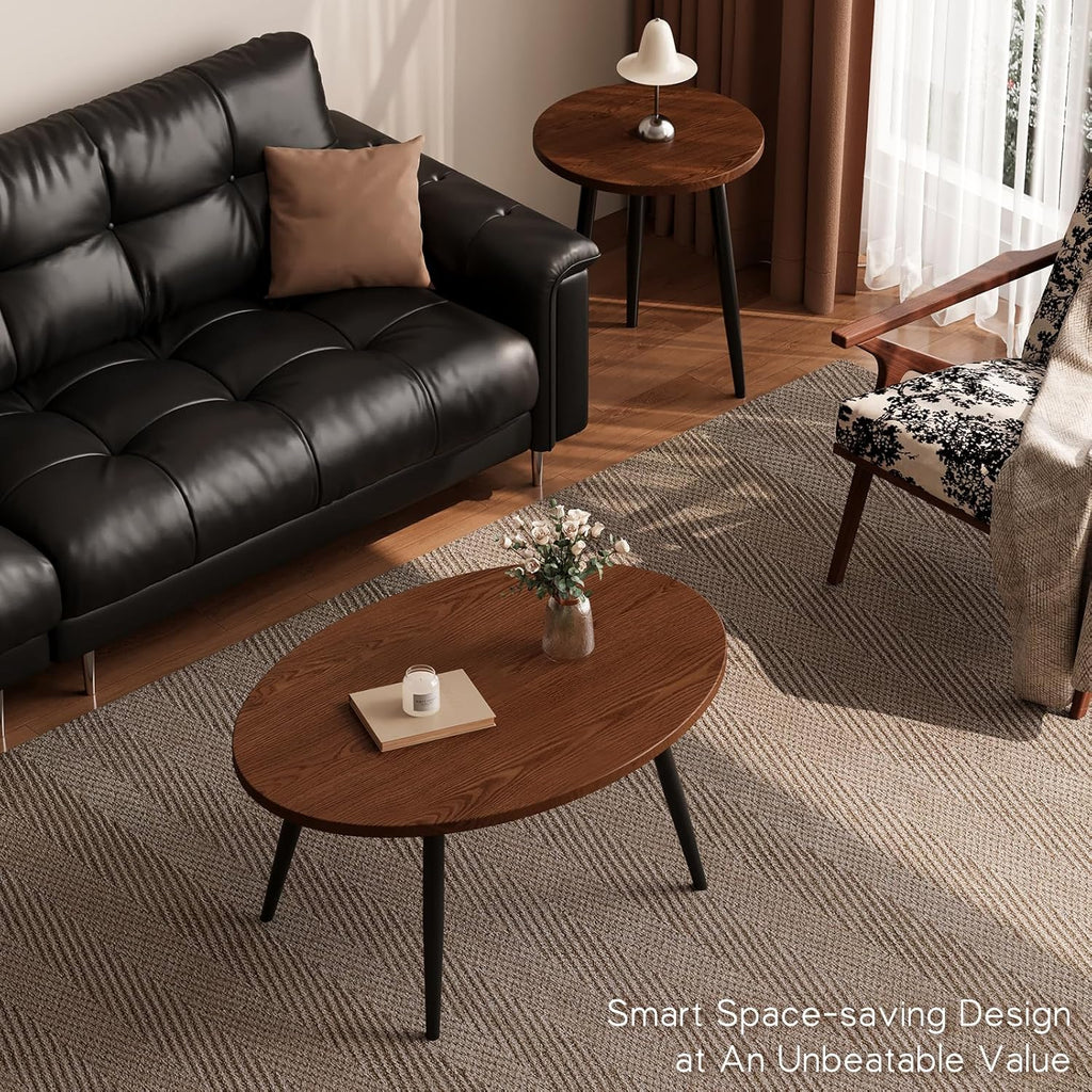 2 Pcs Small Oval Coffee Table,31.5" Retro Walnut Coffee Tables Nesting Tables Set,Easy Assembly Mid Century Modern Coffee Tables for Living Room Office,Coffee Table and End Table Sets