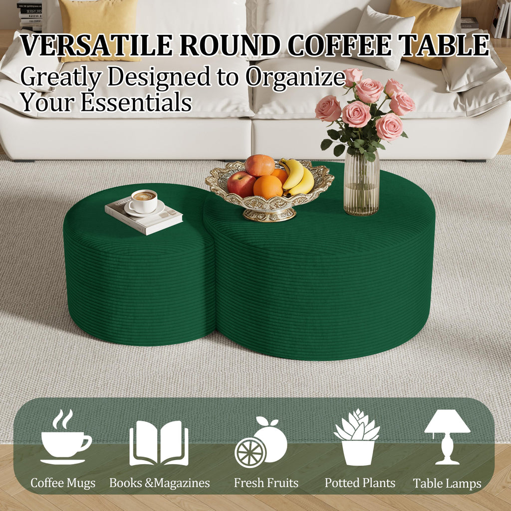 Round Nesting Coffee Table Set of 2,Upholstered Foam Ottoman Footrest Side Table Set,Modern Flannel Circle Coffee Table No Assembly for Living Room Entryway Bedroom,Black