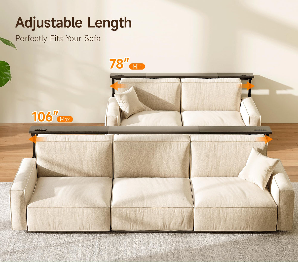 106"-157" Adjustable Length Behind Couch Sofa Table with 3 Power Outlets