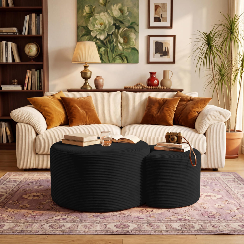 BSHOMGI Nesting Coffee Table Set of 2,Corduroy Ottoman Soft Foot Rest Movable LargePouf Footstool for Living Room Sofa Couch Bedroom Entryway and Small Spaces No Assembly (Blue, 32"+17")