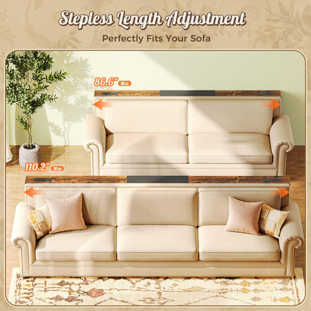 Huuger Narrow Sofa Table with 2 Power Outlets, 110.2-133.8 Inch Adjustable Length, Behind the Couch Table with USB-C Port, Long Entryway Console Table, Anti-tip Kit, for Living Room, Rustic Brown