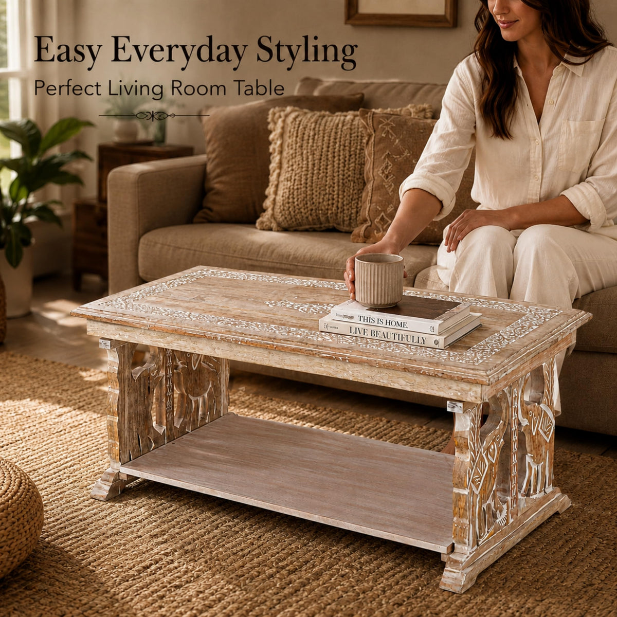 Farmhouse Coffee Table, Jali Carving, 36x24x18 in, Burnt