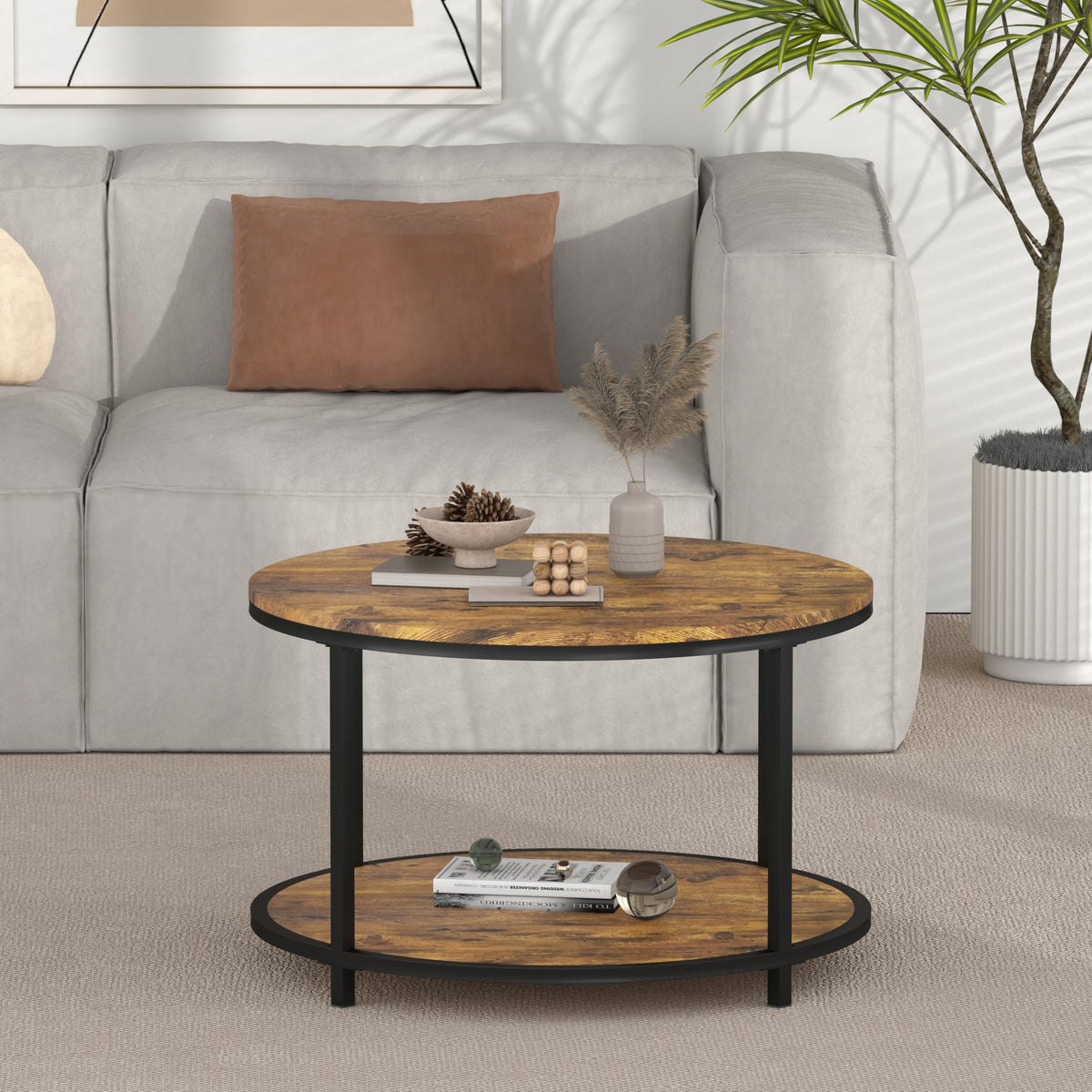 NSdirect Round Coffee Table,36" Coffee Table for Living Room,2-Tier Rustic Wood Desktop with Storage Shelf Modern Design Home Furniture(Light Walnut)