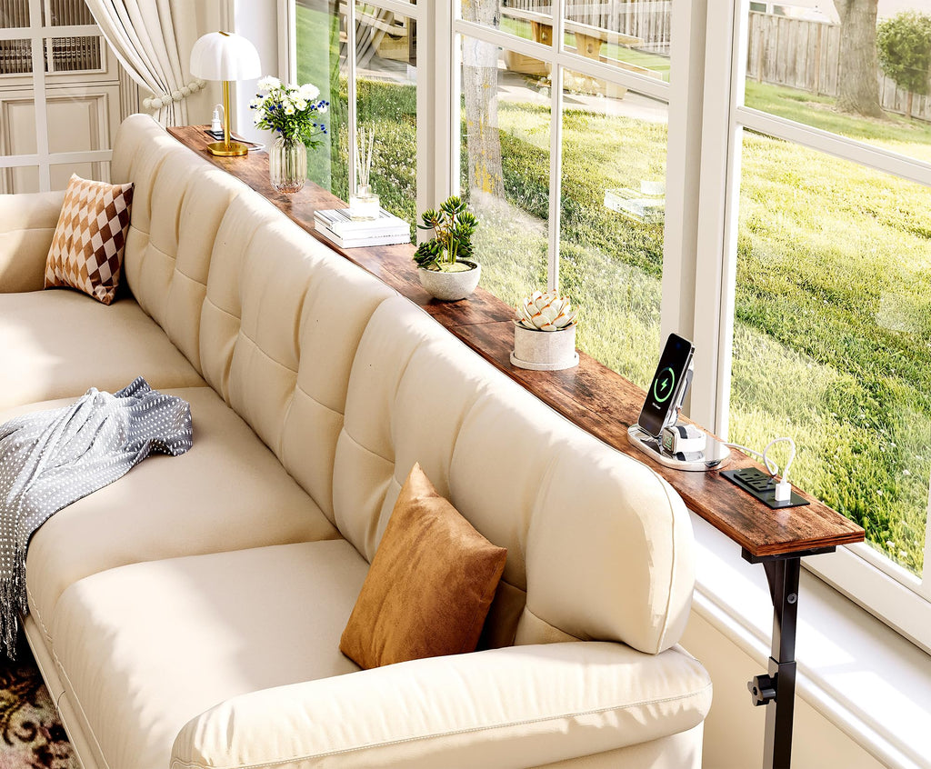 106"-157" Adjustable Length Behind Couch Sofa Table with 3 Power Outlets