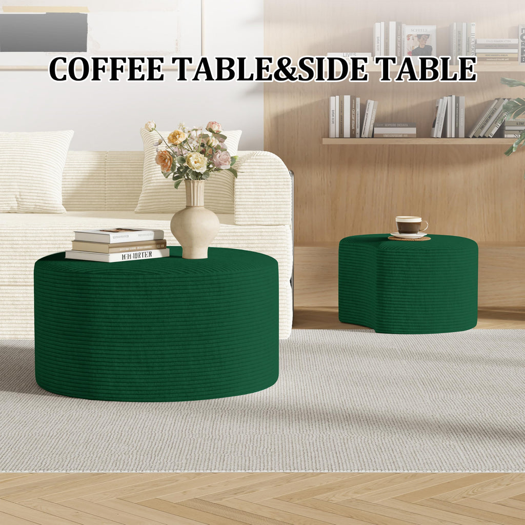 Round Nesting Coffee Table Set of 2,Upholstered Foam Ottoman Footrest Side Table Set,Modern Flannel Circle Coffee Table No Assembly for Living Room Entryway Bedroom,Black
