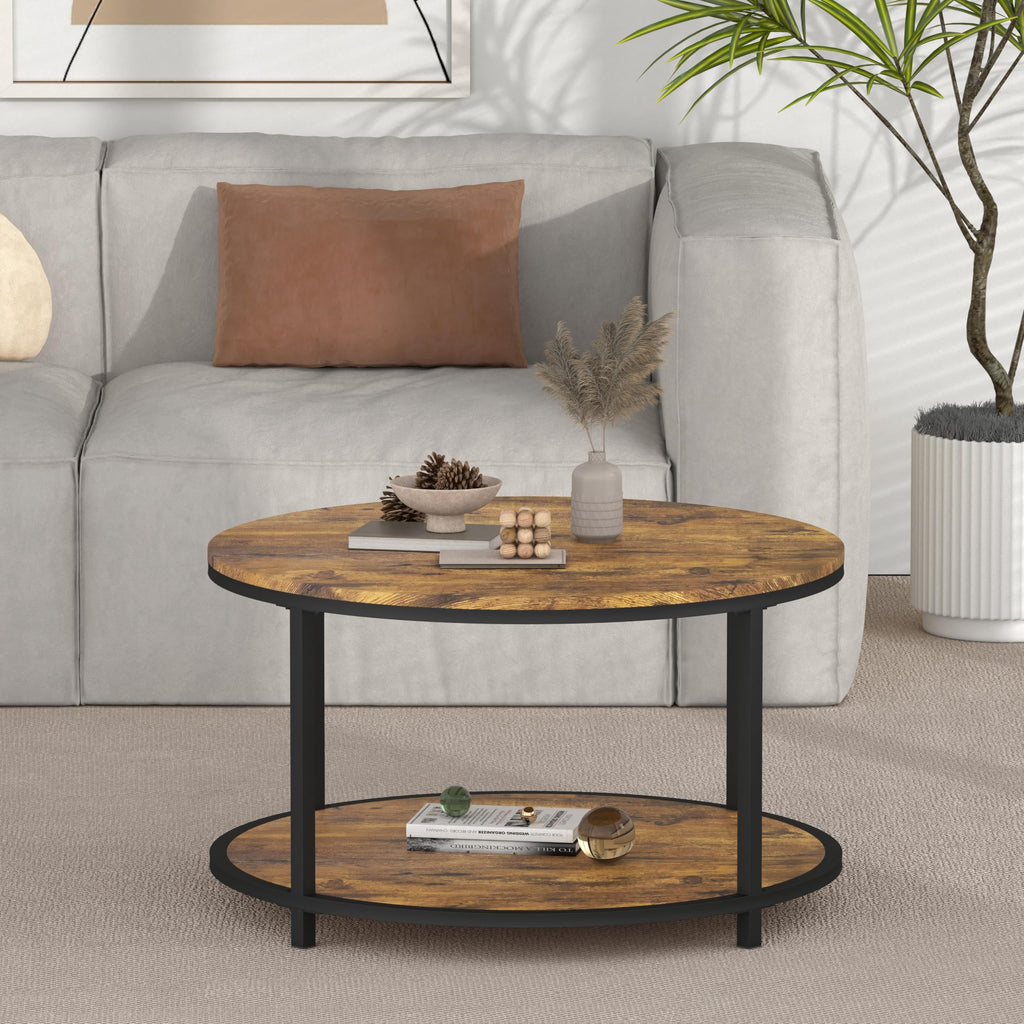 NSdirect Round Coffee Table,36" Coffee Table for Living Room,2-Tier Rustic Wood Desktop with Storage Shelf Modern Design Home Furniture(Light Walnut)