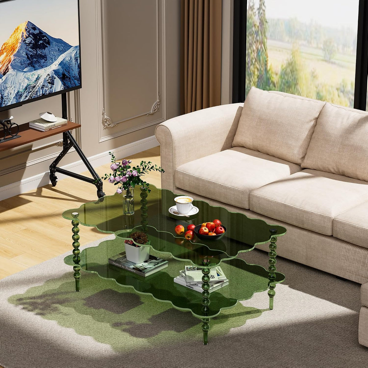 Acrylic Coffee Table, 2-Tier Living Room Table with Storage, Center Table Mid-Modern Century for Living Room, Easy to Assemble (Green, 37.8âÃ23.6âÃ15.7â)
