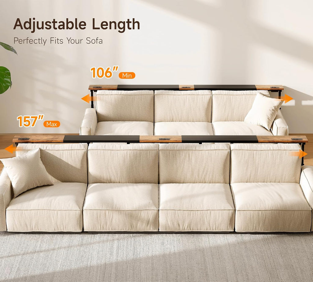 106"-157" Adjustable Length Behind Couch Sofa Table with 3 Power Outlets