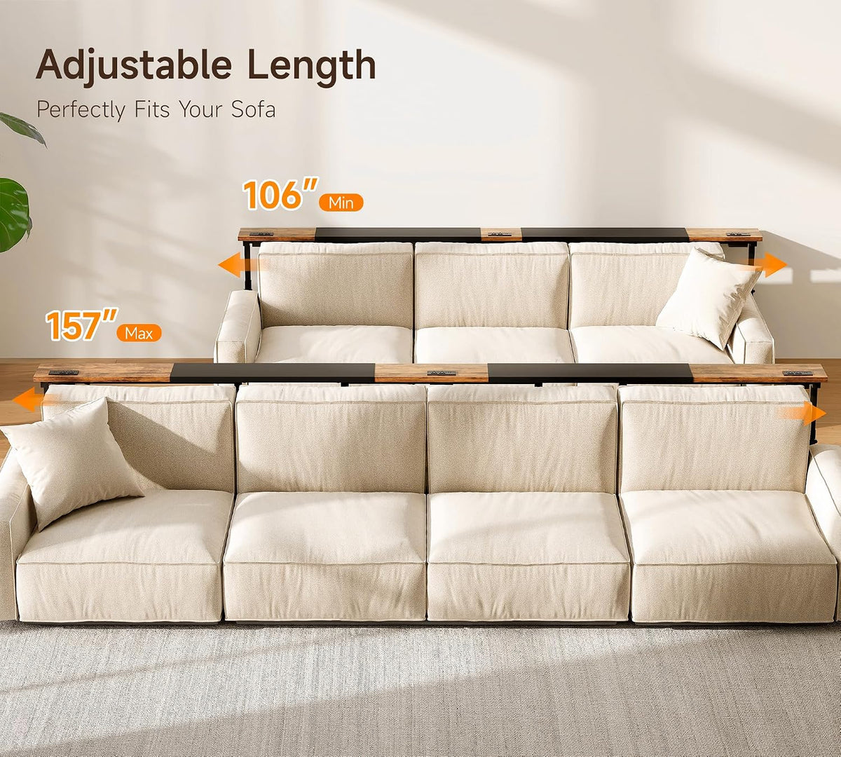 106"-157" Adjustable Length Behind Couch Sofa Table with 3 Power Outlets