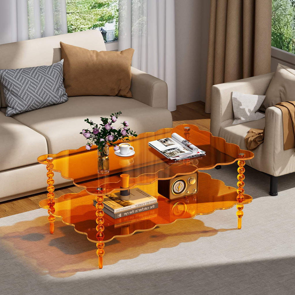 Acrylic Coffee Table, 2-Tier Living Room Table with Storage, Center Table Mid-Modern Century for Living Room, Easy to Assemble (Green, 37.8âÃ23.6âÃ15.7â)