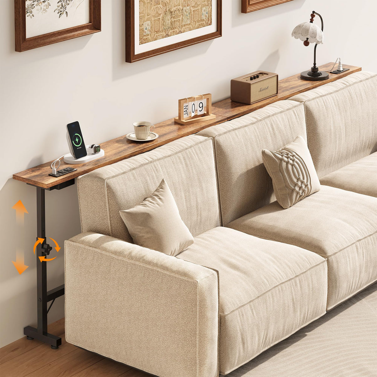106"-157" Adjustable Length Behind Couch Sofa Table with 3 Power Outlets