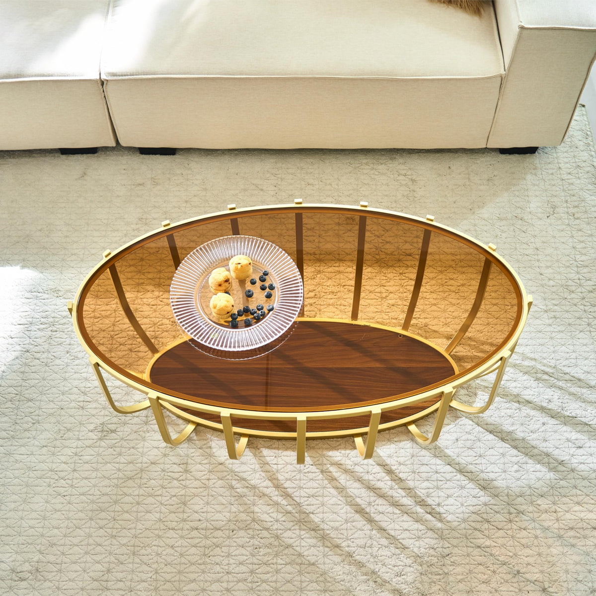 Saint Mossi Gold Round Coffee Table with Clear Glass Top and Glass Shelf