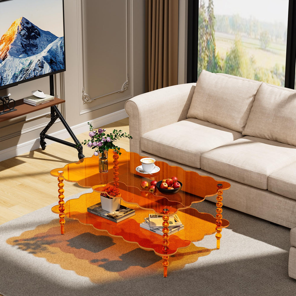 Acrylic Coffee Table, 2-Tier Living Room Table with Storage, Center Table Mid-Modern Century for Living Room, Easy to Assemble (Green, 37.8âÃ23.6âÃ15.7â)