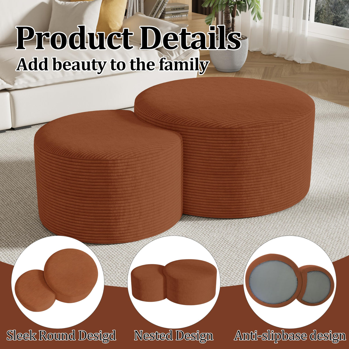 Round Nesting Coffee Table Set of 2,Upholstered Foam Ottoman Footrest Side Table Set,Modern Flannel Circle Coffee Table No Assembly for Living Room Entryway Bedroom,Black