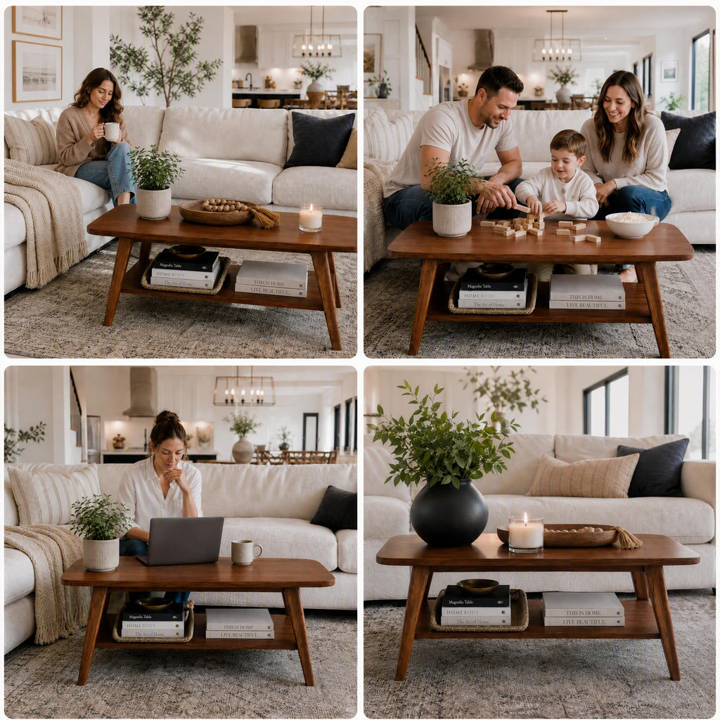 100% Solid Oak Coffee Table with Storage Shelf, 31.49" W