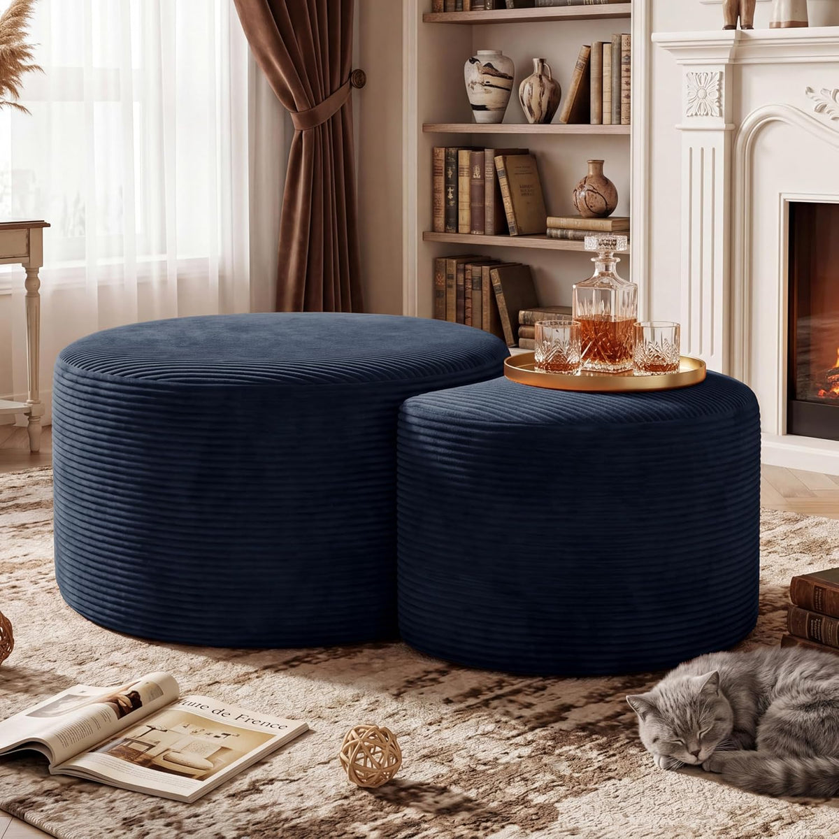BSHOMGI Nesting Coffee Table Set of 2,Corduroy Ottoman Soft Foot Rest Movable LargePouf Footstool for Living Room Sofa Couch Bedroom Entryway and Small Spaces No Assembly (Blue, 32"+17")