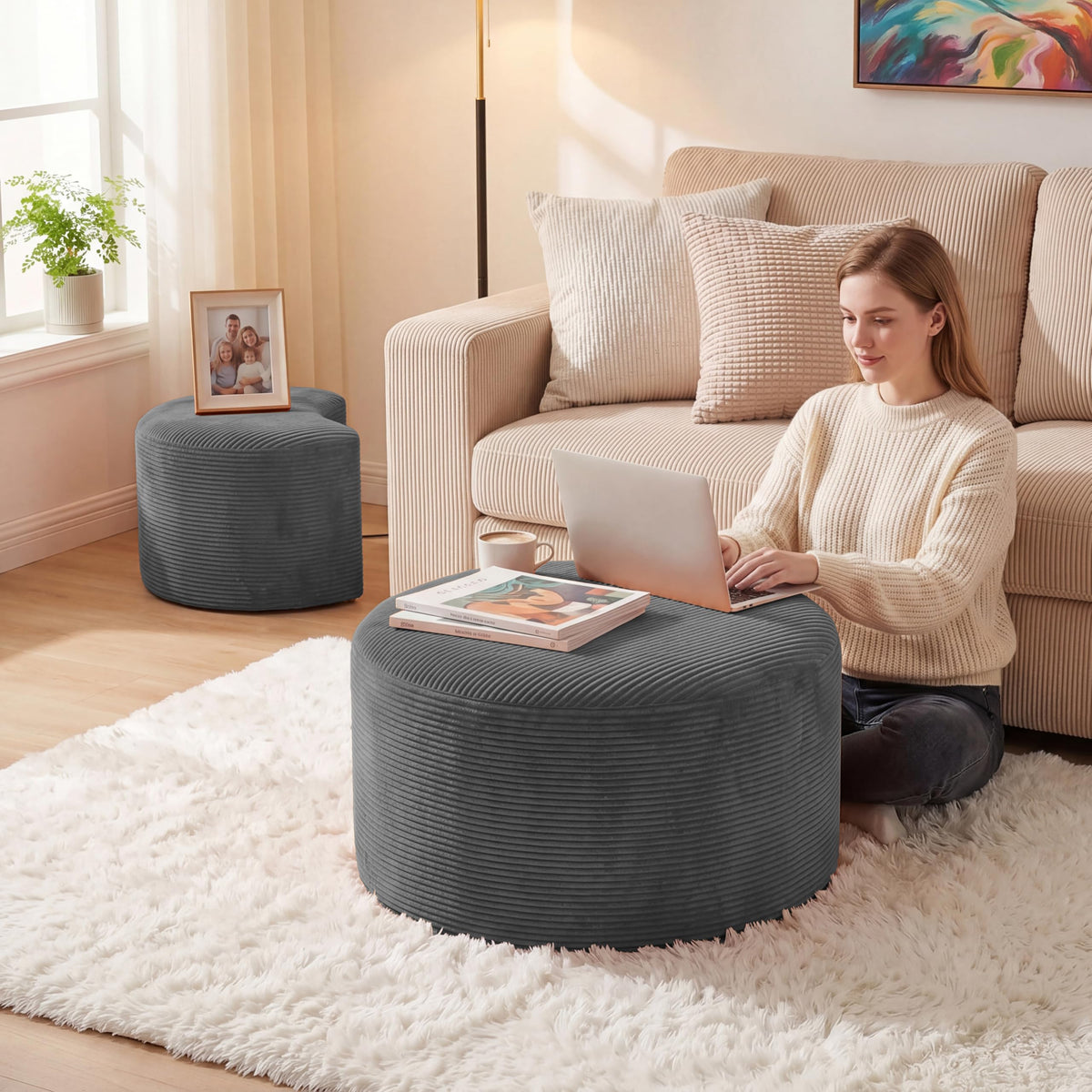BSHOMGI Nesting Coffee Table Set of 2,Corduroy Ottoman Soft Foot Rest Movable LargePouf Footstool for Living Room Sofa Couch Bedroom Entryway and Small Spaces No Assembly (Blue, 32"+17")