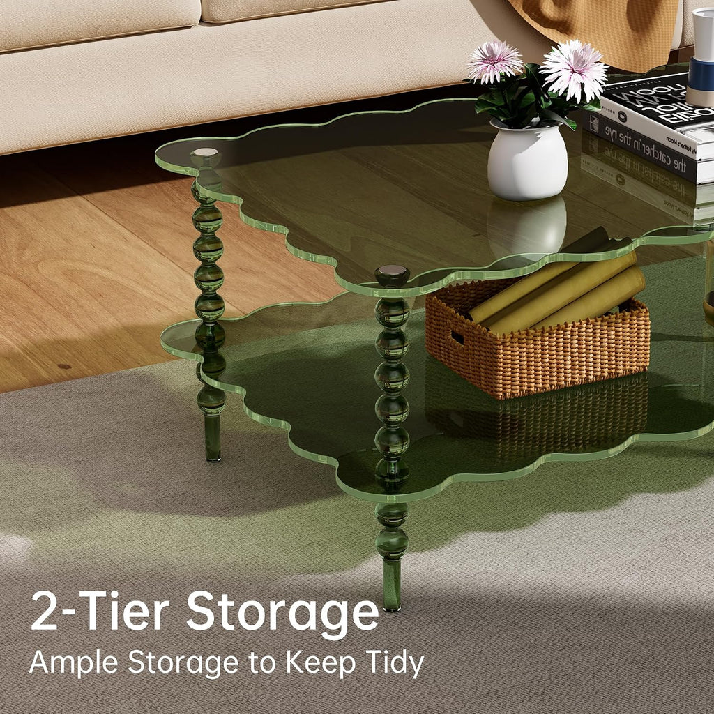Acrylic Coffee Table, 2-Tier Living Room Table with Storage, Center Table Mid-Modern Century for Living Room, Easy to Assemble (Green, 37.8âÃ23.6âÃ15.7â)