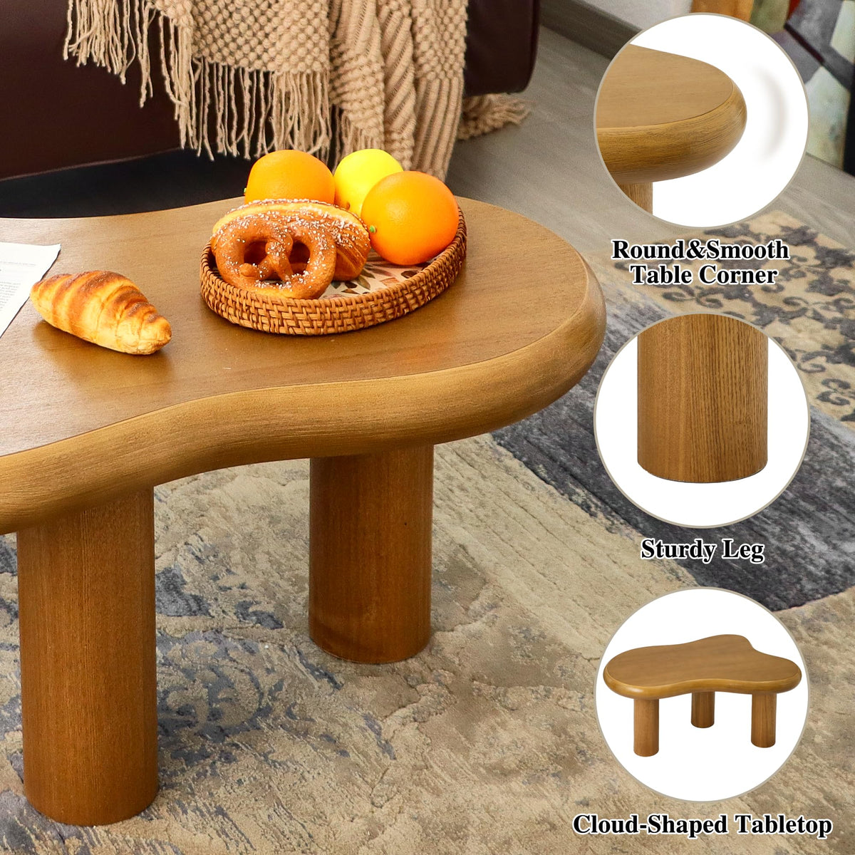34"(L) Cloud Coffee Table, Modern Wood Coffee Table for Living Room, Accent Center Tables with 3 Legs, Small Tea Tables for Balcony, Patio, Bedroom, Cream White