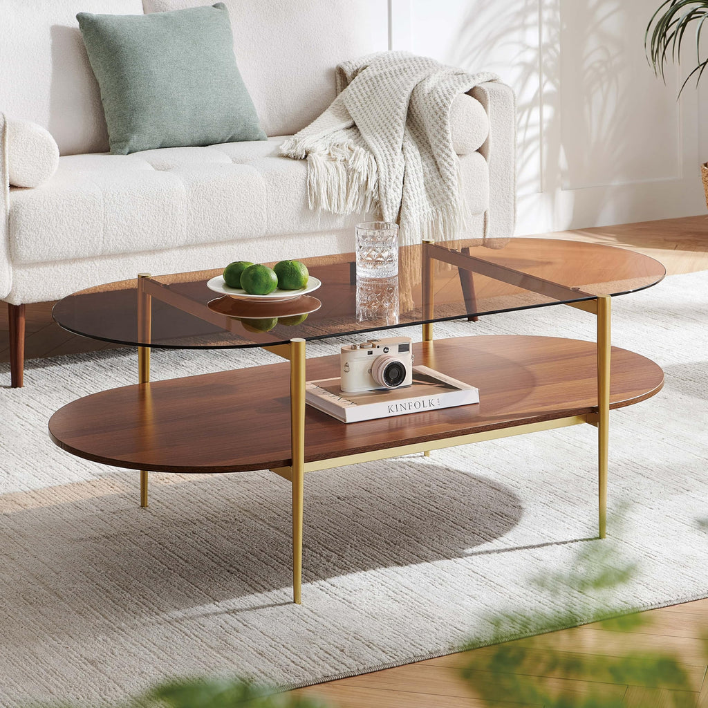 LumFurn Round Coffee Table for Living Room, Mid-Century Modern Design, D30 x H17, 2-Tier Structure, Grey Glass Top and Black Marble Finish Wood Shelf, Sleek Conical Metal Legs with Gold Finish Frame