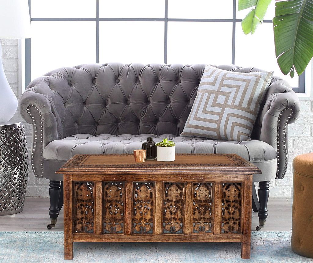 Farmhouse Coffee Table, Jali Carving, 36x24x18 in, Burnt