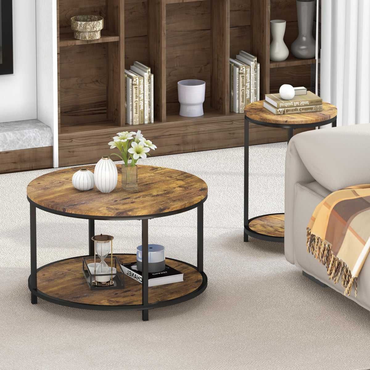 NSdirect Round Coffee Table,36" Coffee Table for Living Room,2-Tier Rustic Wood Desktop with Storage Shelf Modern Design Home Furniture(Light Walnut)