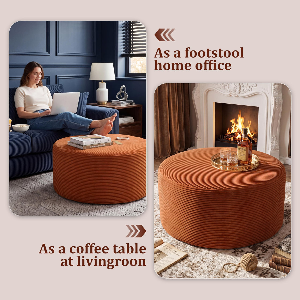 BSHOMGI Nesting Coffee Table Set of 2,Corduroy Ottoman Soft Foot Rest Movable LargePouf Footstool for Living Room Sofa Couch Bedroom Entryway and Small Spaces No Assembly (Blue, 32"+17")