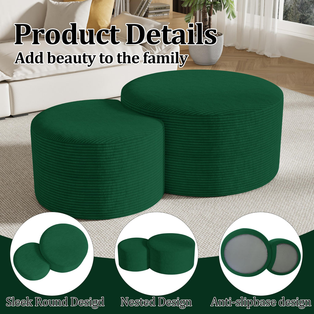 Round Nesting Coffee Table Set of 2,Upholstered Foam Ottoman Footrest Side Table Set,Modern Flannel Circle Coffee Table No Assembly for Living Room Entryway Bedroom,Black