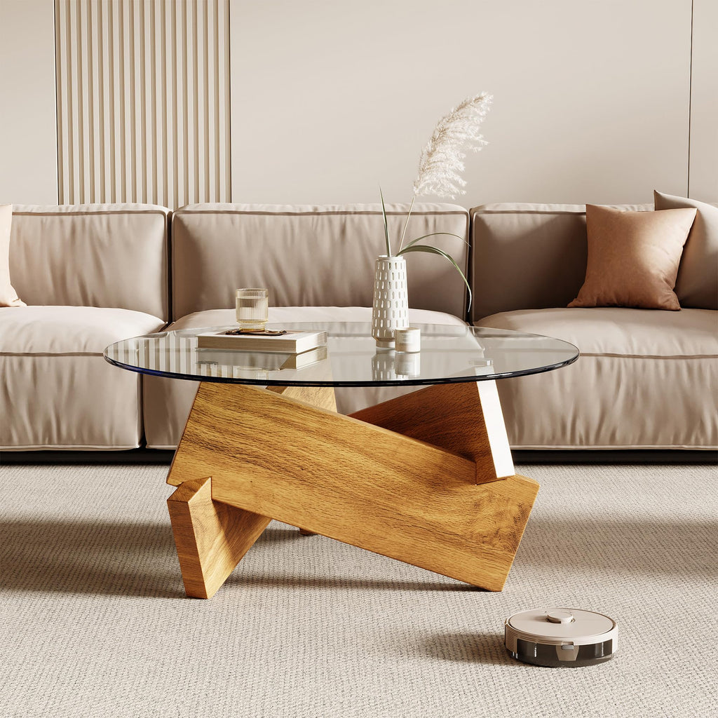 Honyee Modern Round Coffee Table, 30.7" x 30.7" x 16.1" Tempered Glass Top for Living Room, Color: Walnut