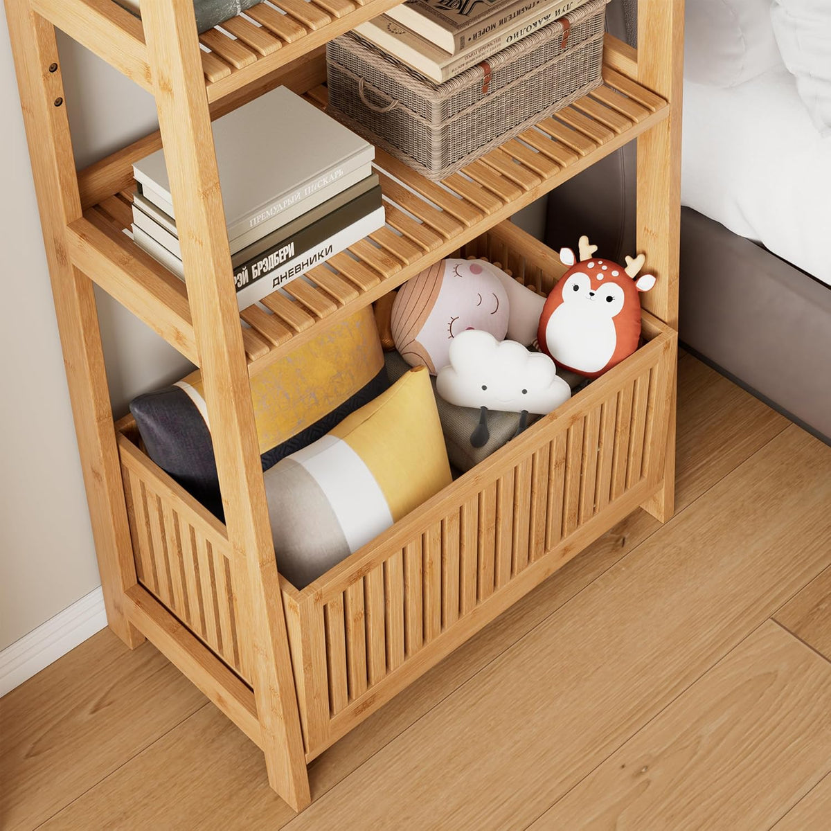 Bamjoy Bamboo Ladder Shelf, Bookshelf with 4 Display Shelves and 1 Open Storage Basket, Multifunctional Storage Rack Organizer for Home Office, Bedroom, Living Room, 66â H Natural