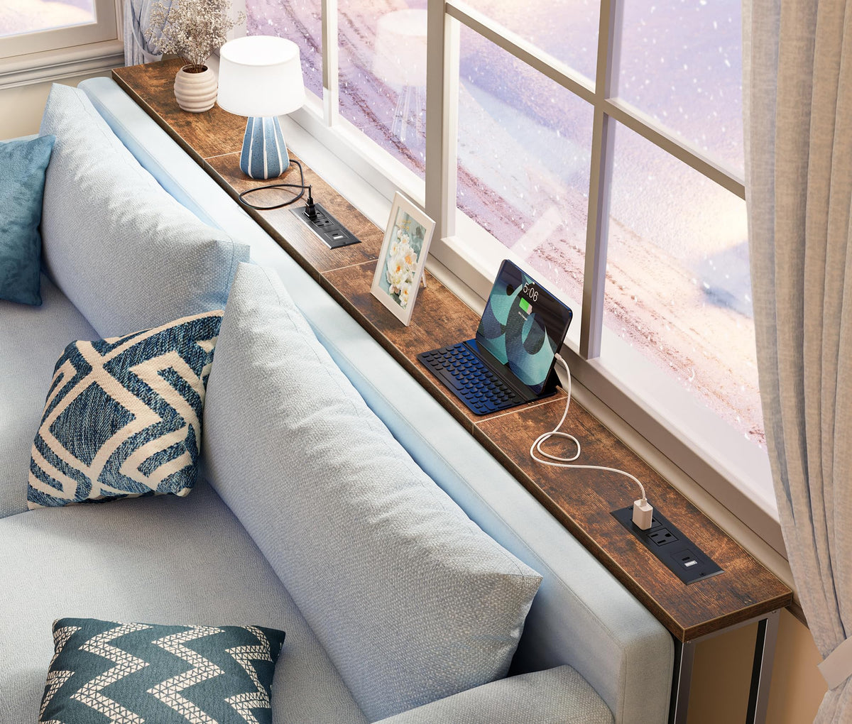 SUPERJARE 110.2 inch Narrow Behind Couch Table with Charging Stations