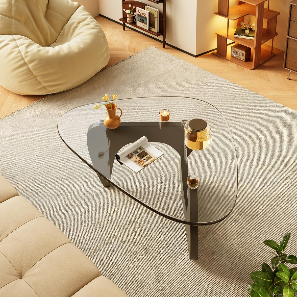 Coffee Tables Glass Small Farmhouse Coffee Table Mid-Century Modern Wood Center Table for Living Room, Walnut Transparent, 32 Inch
