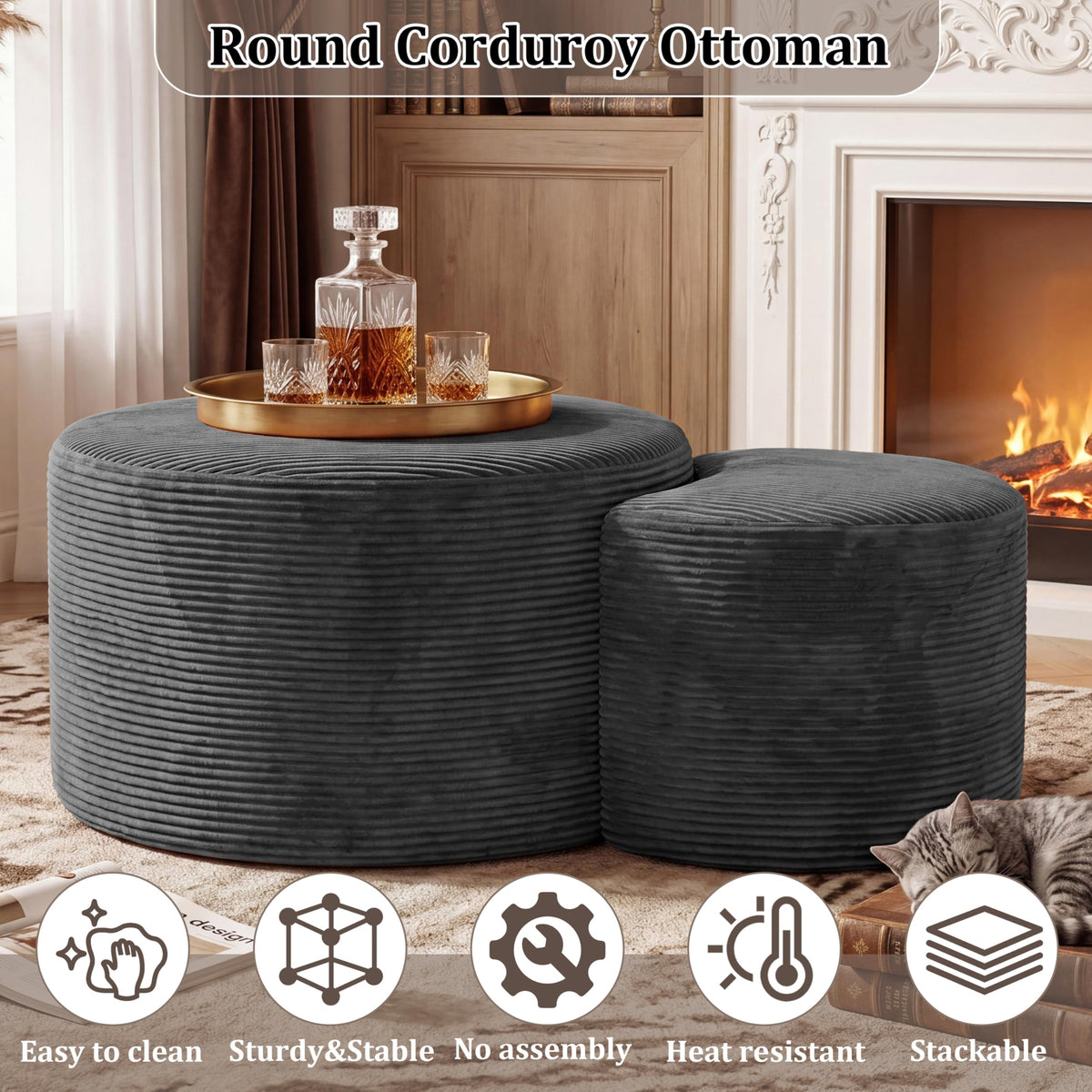 BSHOMGI Nesting Coffee Table Set of 2,Corduroy Ottoman Soft Foot Rest Movable LargePouf Footstool for Living Room Sofa Couch Bedroom Entryway and Small Spaces No Assembly (Blue, 32"+17")