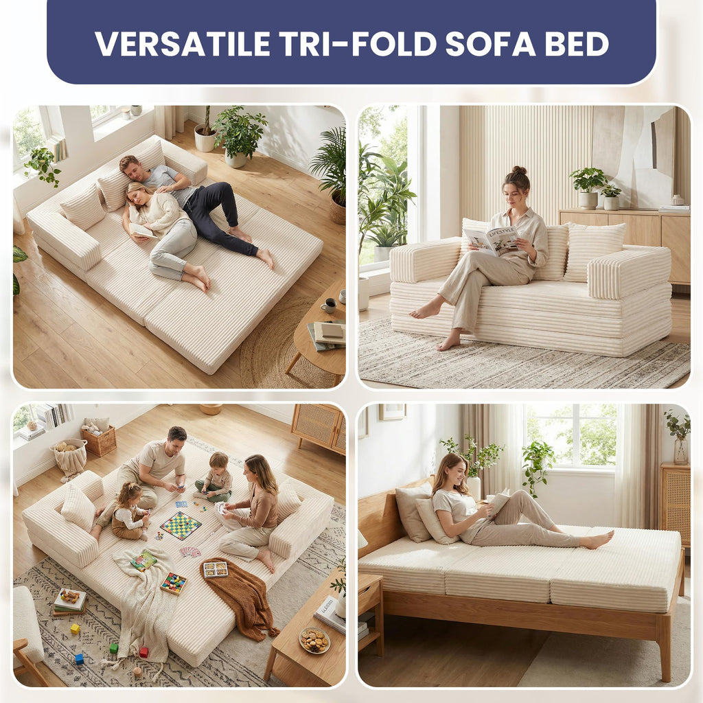Convertible Sofa Bed, 4-in-1 Boneless Loveseat with Removable Armrests Backrest, Corduroy Futon Couch Bed with Pillow, Foldable Mattress Sleeper Sofa for Living Room Bedroom Small Place (Beige)