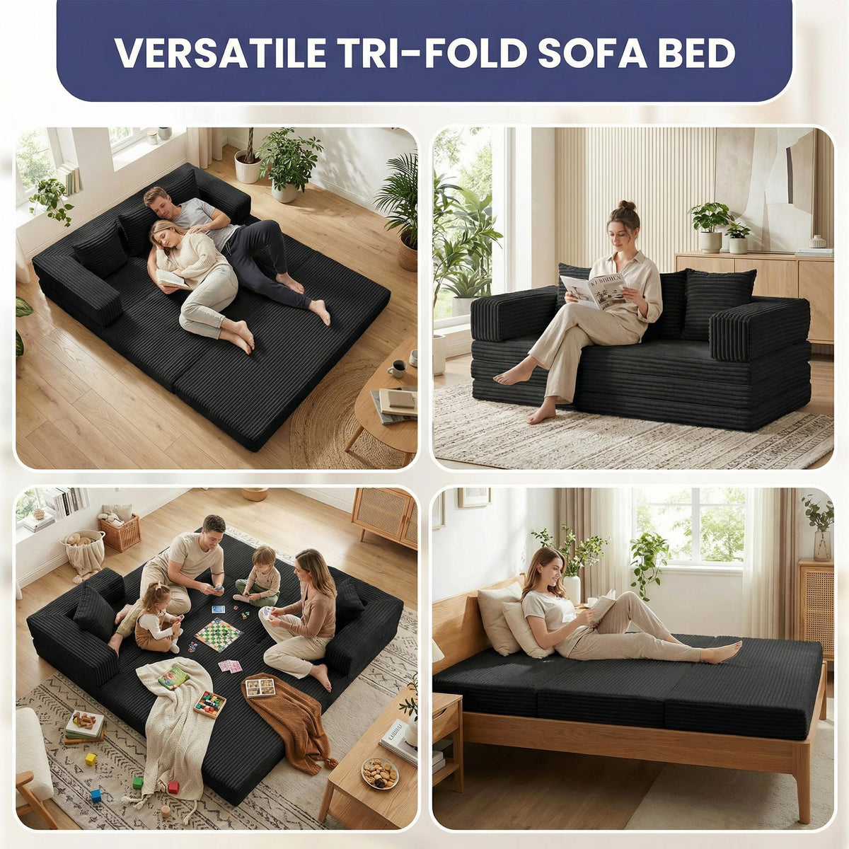 Convertible Sofa Bed, 4-in-1 Boneless Loveseat with Removable Armrests Backrest, Corduroy Futon Couch Bed with Pillow, Foldable Mattress Sleeper Sofa for Living Room Bedroom Small Place (Beige)