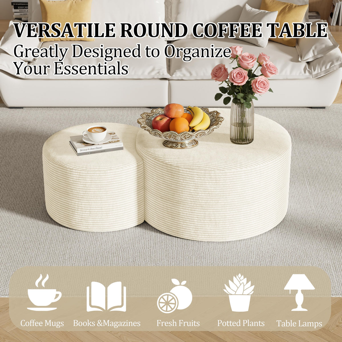Round Nesting Coffee Table Set of 2,Upholstered Foam Ottoman Footrest Side Table Set,Modern Flannel Circle Coffee Table No Assembly for Living Room Entryway Bedroom,Black