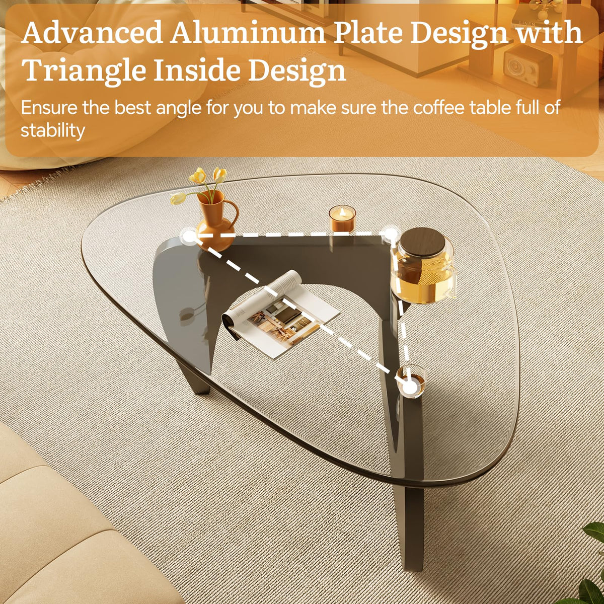 Coffee Tables Glass Small Farmhouse Coffee Table Mid-Century Modern Wood Center Table for Living Room, Walnut Transparent, 32 Inch