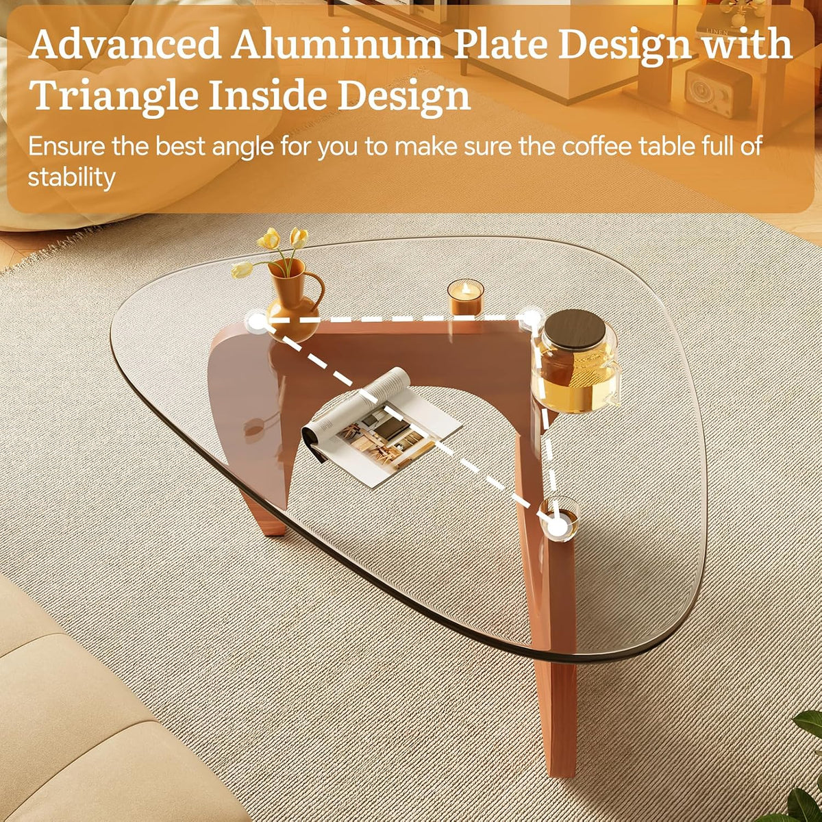 Coffee Tables Glass Small Farmhouse Coffee Table Mid-Century Modern Wood Center Table for Living Room, Walnut Transparent, 32 Inch